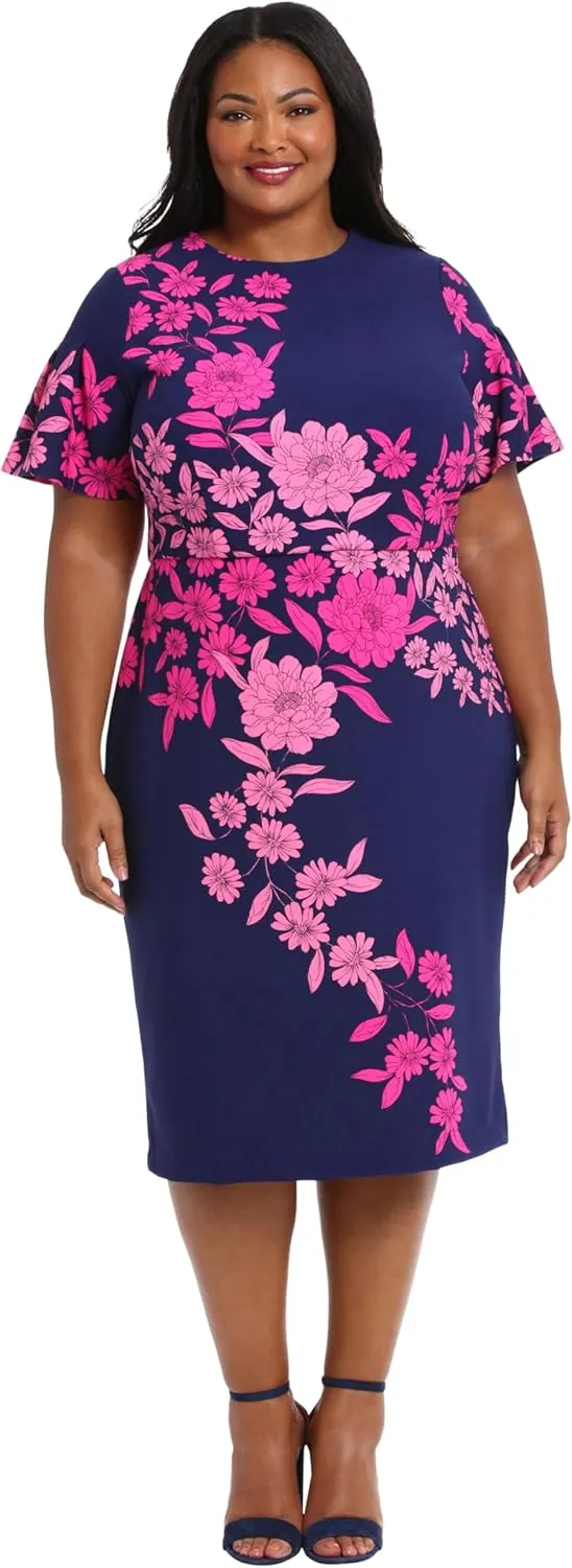 London Times Women's Dresses Jewel Neck Flutter Sleeve Emotional Flattering Polished Chic Midi Length Sheath Dress