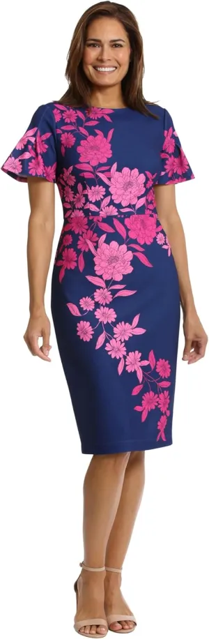 London Times Women's Dresses Jewel Neck Flutter Sleeve Emotional Flattering Polished Chic Midi Length Sheath Dress