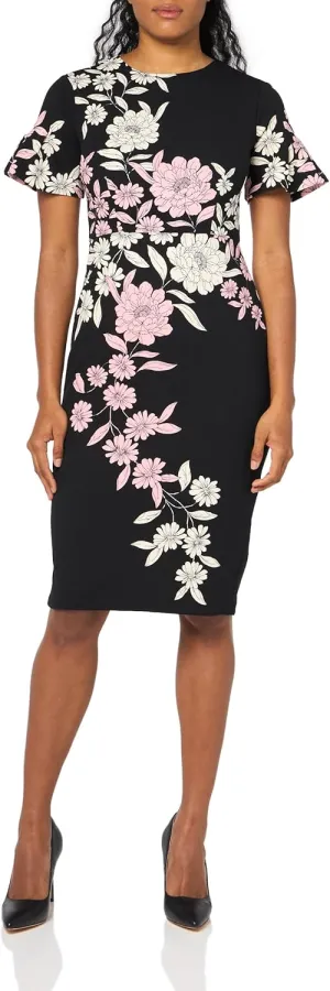 London Times Women's Dresses Jewel Neck Flutter Sleeve Emotional Flattering Polished Chic Midi Length Sheath Dress