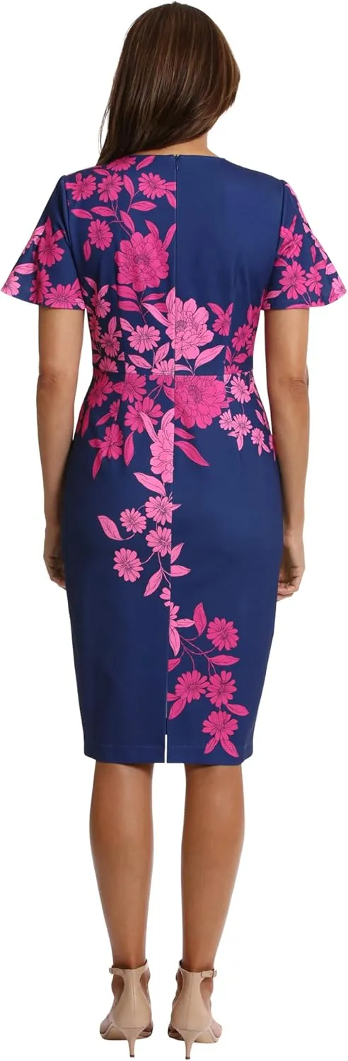 London Times Women's Dresses Jewel Neck Flutter Sleeve Emotional Flattering Polished Chic Midi Length Sheath Dress