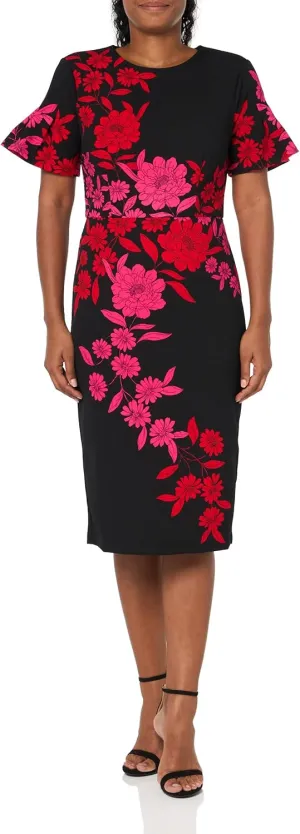 London Times Women's Dresses Jewel Neck Flutter Sleeve Emotional Flattering Polished Chic Midi Length Sheath Dress