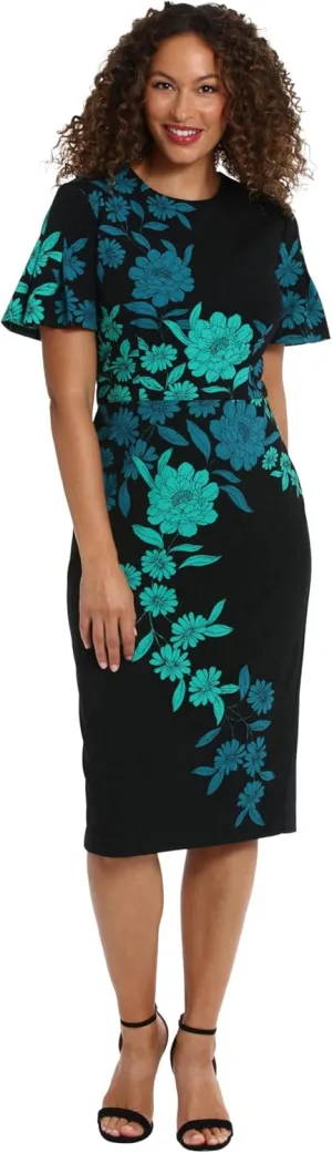 London Times Women's Dresses Jewel Neck Flutter Sleeve Emotional Flattering Polished Chic Midi Length Sheath Dress