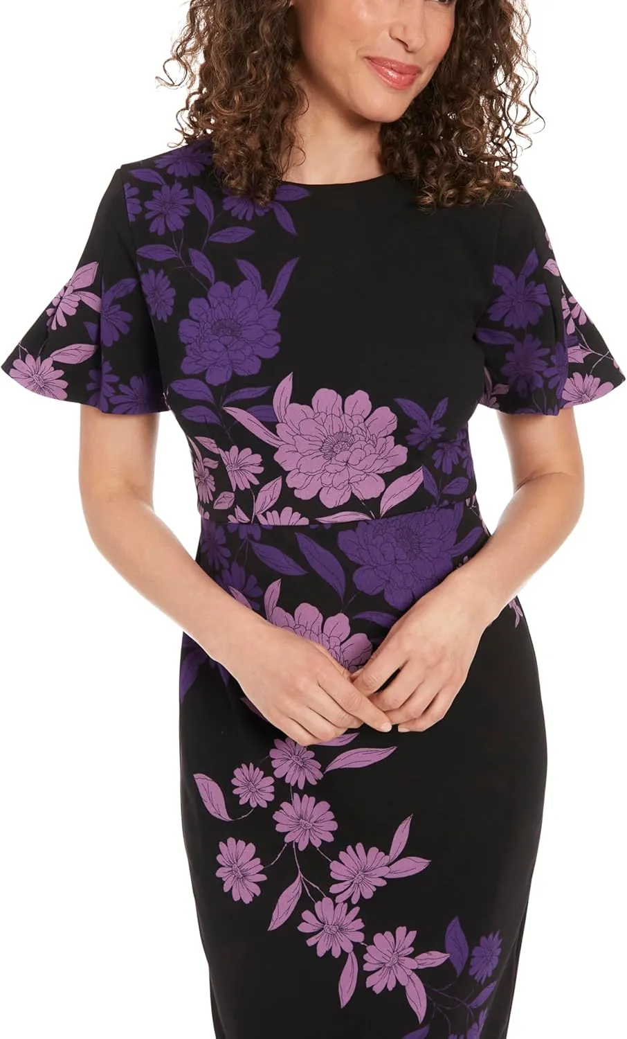 London Times Women's Dresses Jewel Neck Flutter Sleeve Emotional Flattering Polished Chic Midi Length Sheath Dress