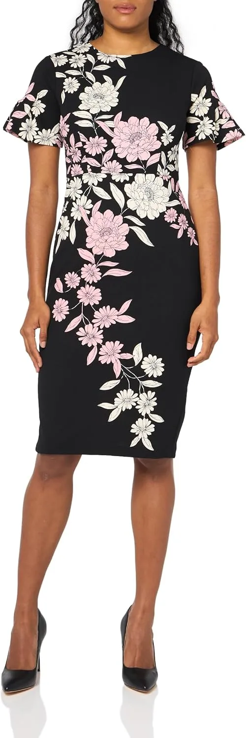 London Times Women's Dresses Jewel Neck Flutter Sleeve Emotional Flattering Polished Chic Midi Length Sheath Dress