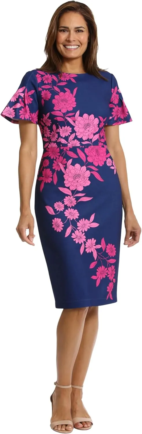 London Times Women's Dresses Jewel Neck Flutter Sleeve Emotional Flattering Polished Chic Midi Length Sheath Dress