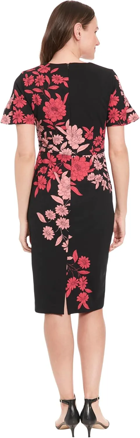 London Times Women's Dresses Jewel Neck Flutter Sleeve Emotional Flattering Polished Chic Midi Length Sheath Dress