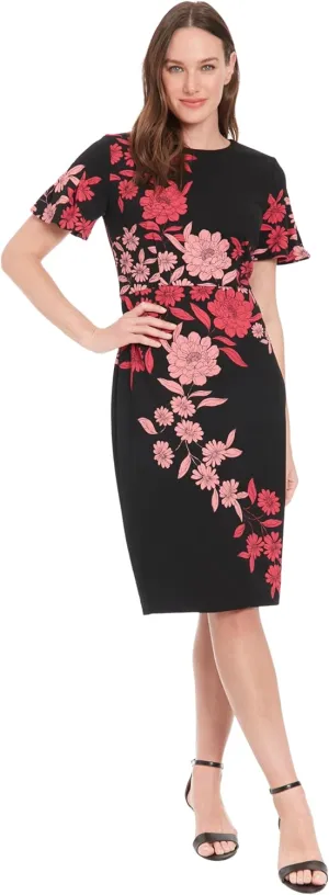 London Times Women's Dresses Jewel Neck Flutter Sleeve Emotional Flattering Polished Chic Midi Length Sheath Dress