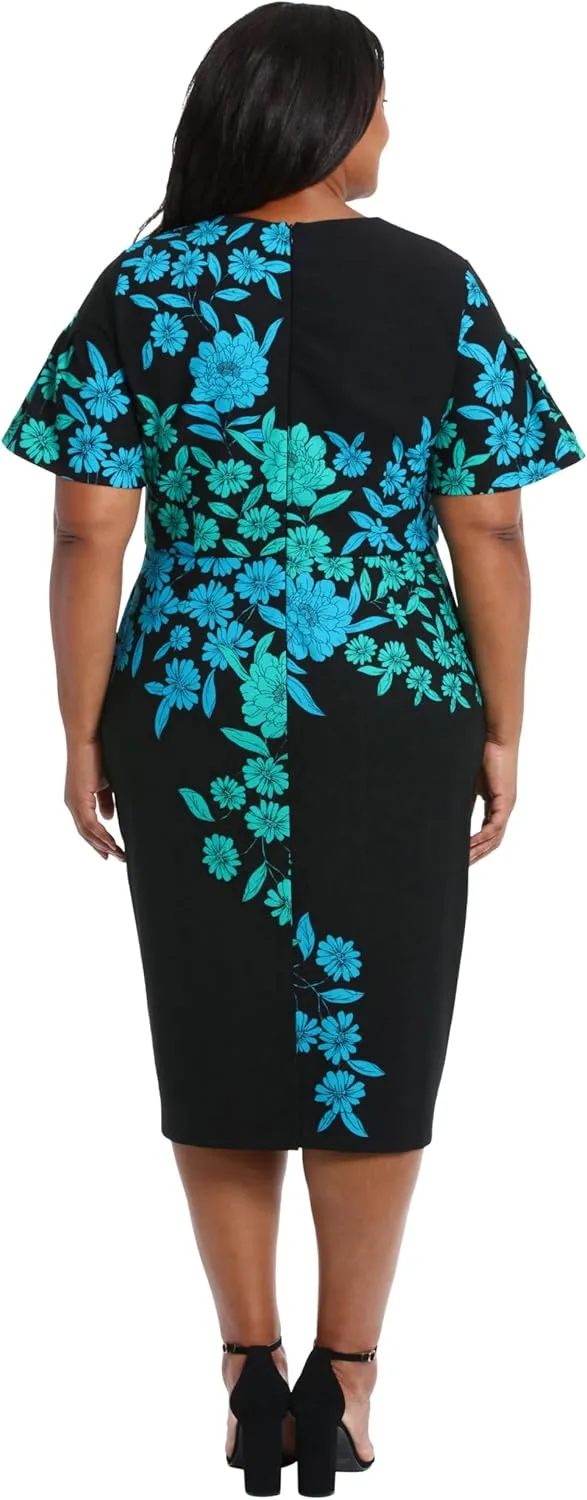 London Times Women's Dresses Jewel Neck Flutter Sleeve Emotional Flattering Polished Chic Midi Length Sheath Dress