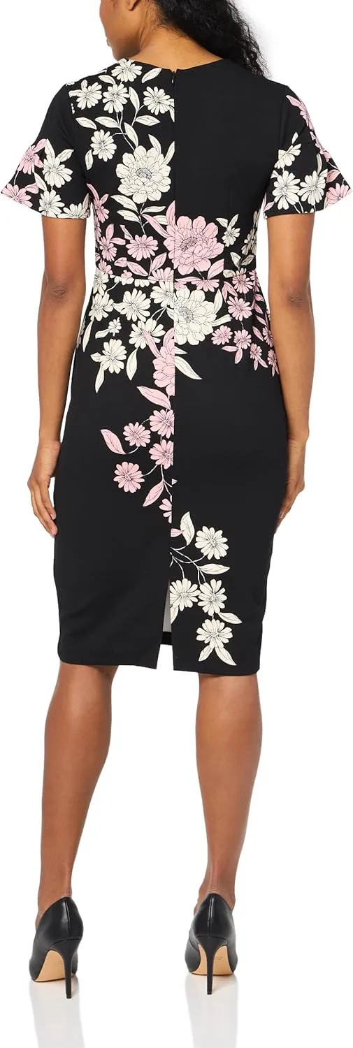 London Times Women's Dresses Jewel Neck Flutter Sleeve Emotional Flattering Polished Chic Midi Length Sheath Dress