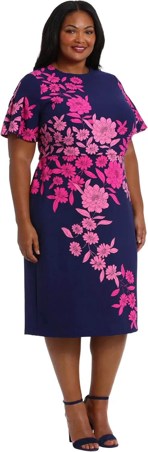 London Times Women's Dresses Jewel Neck Flutter Sleeve Emotional Flattering Polished Chic Midi Length Sheath Dress