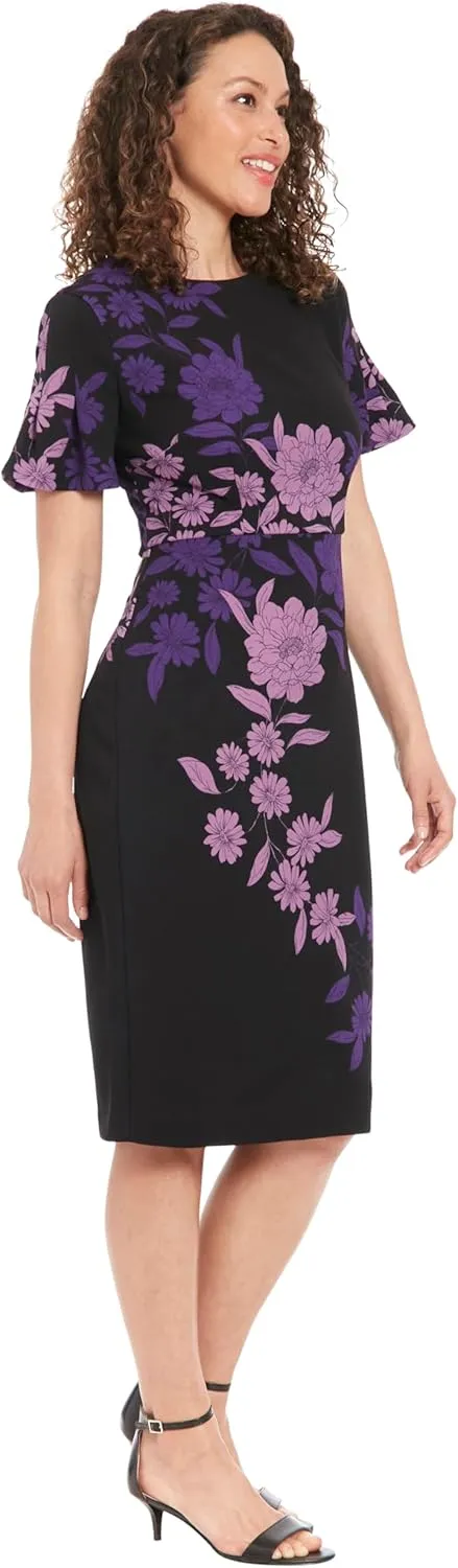 London Times Women's Dresses Jewel Neck Flutter Sleeve Emotional Flattering Polished Chic Midi Length Sheath Dress
