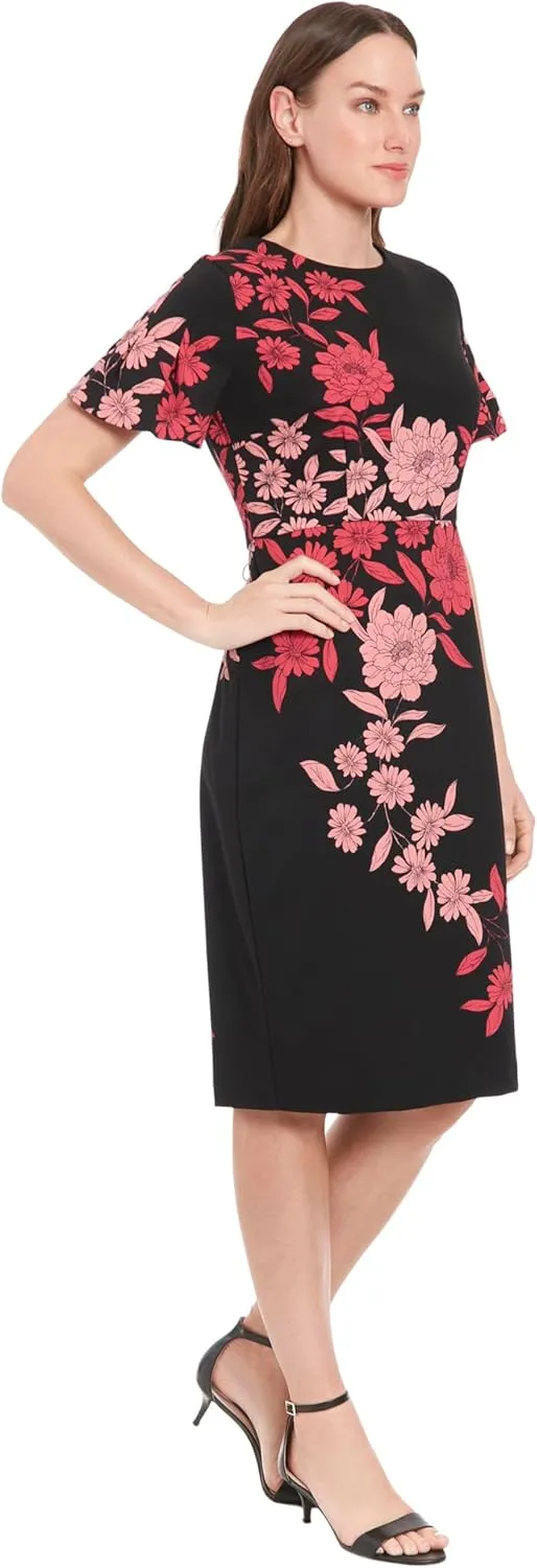 London Times Women's Dresses Jewel Neck Flutter Sleeve Emotional Flattering Polished Chic Midi Length Sheath Dress