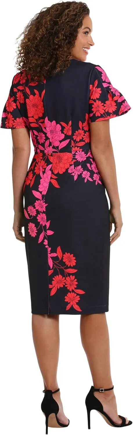 London Times Women's Dresses Jewel Neck Flutter Sleeve Emotional Flattering Polished Chic Midi Length Sheath Dress