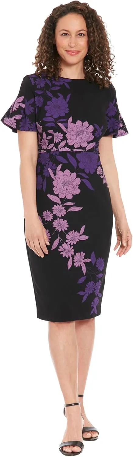 London Times Women's Dresses Jewel Neck Flutter Sleeve Emotional Flattering Polished Chic Midi Length Sheath Dress
