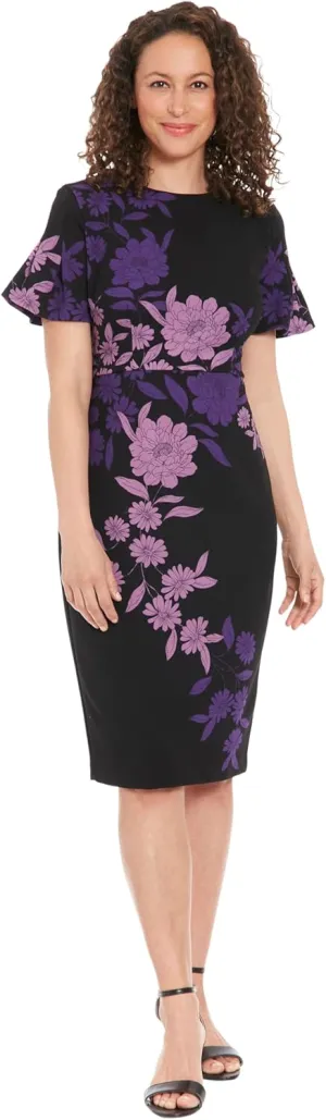 London Times Women's Dresses Jewel Neck Flutter Sleeve Emotional Flattering Polished Chic Midi Length Sheath Dress