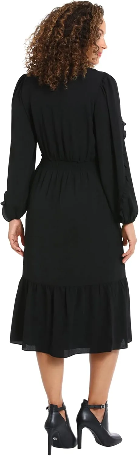 London Times Women's Midi Length Smocked Waist Split Neck Long Ruffle Sleeve Versatile Chic Polished Casual