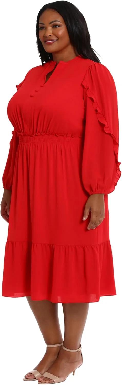 London Times Women's Midi Length Smocked Waist Split Neck Long Ruffle Sleeve Versatile Chic Polished Casual