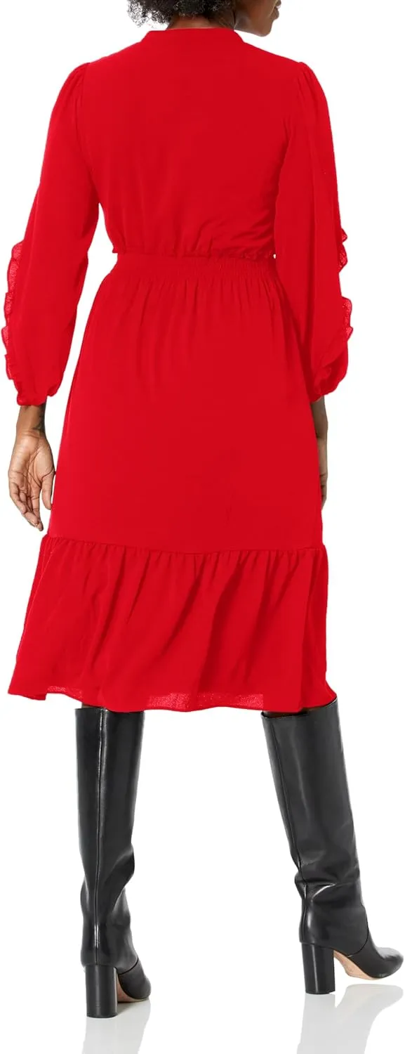 London Times Women's Midi Length Smocked Waist Split Neck Long Ruffle Sleeve Versatile Chic Polished Casual