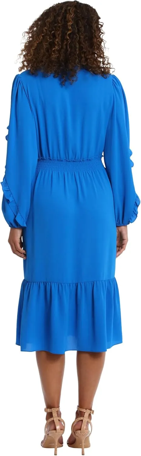 London Times Women's Midi Length Smocked Waist Split Neck Long Ruffle Sleeve Versatile Chic Polished Casual
