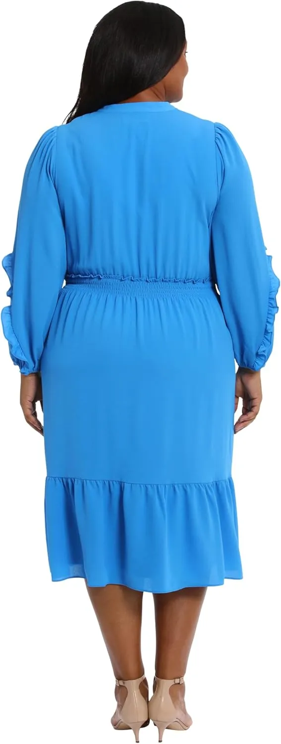 London Times Women's Midi Length Smocked Waist Split Neck Long Ruffle Sleeve Versatile Chic Polished Casual