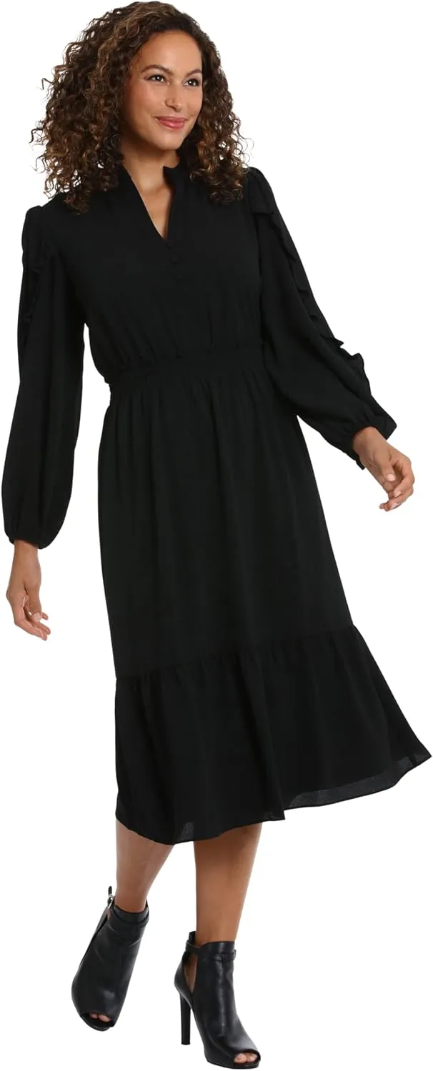 London Times Women's Midi Length Smocked Waist Split Neck Long Ruffle Sleeve Versatile Chic Polished Casual