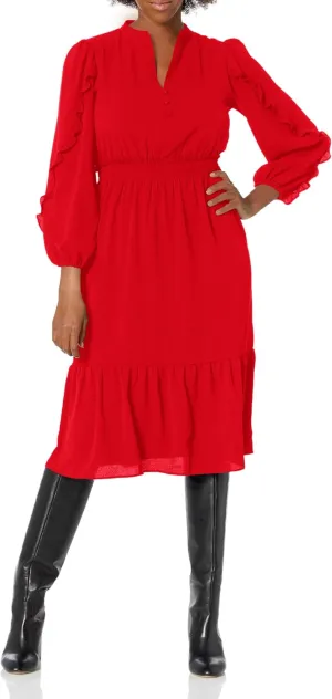 London Times Women's Midi Length Smocked Waist Split Neck Long Ruffle Sleeve Versatile Chic Polished Casual