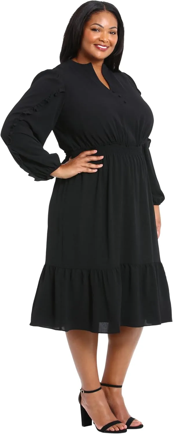 London Times Women's Midi Length Smocked Waist Split Neck Long Ruffle Sleeve Versatile Chic Polished Casual