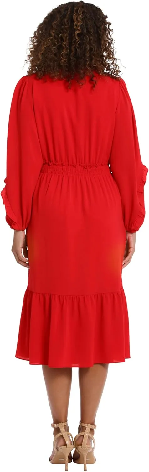 London Times Women's Midi Length Smocked Waist Split Neck Long Ruffle Sleeve Versatile Chic Polished Casual