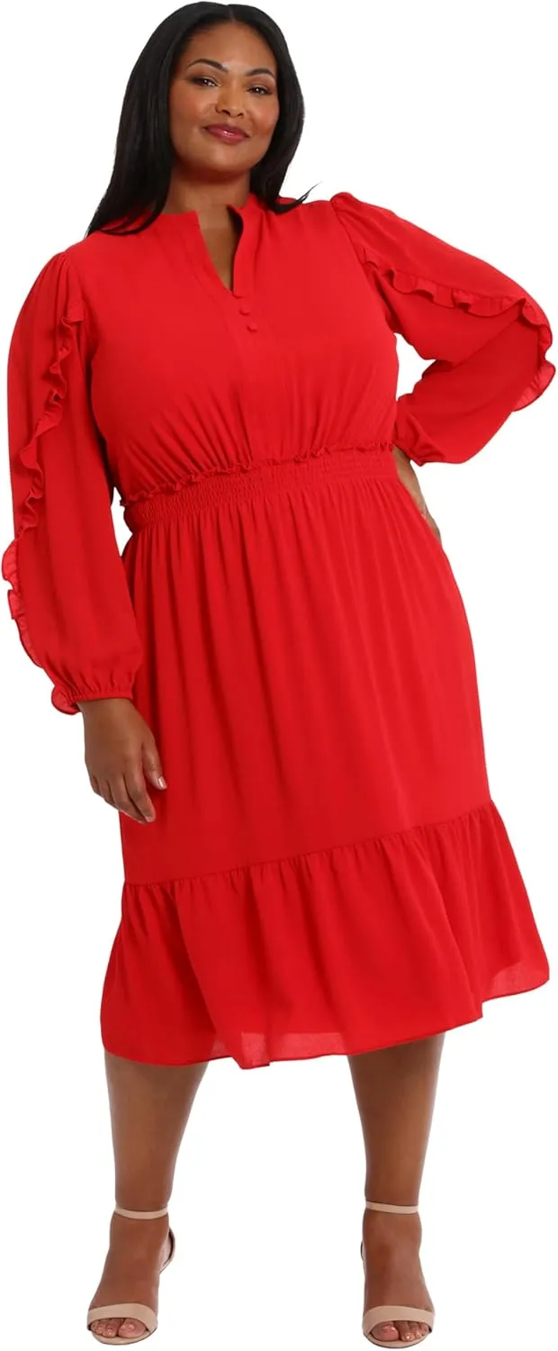 London Times Women's Midi Length Smocked Waist Split Neck Long Ruffle Sleeve Versatile Chic Polished Casual