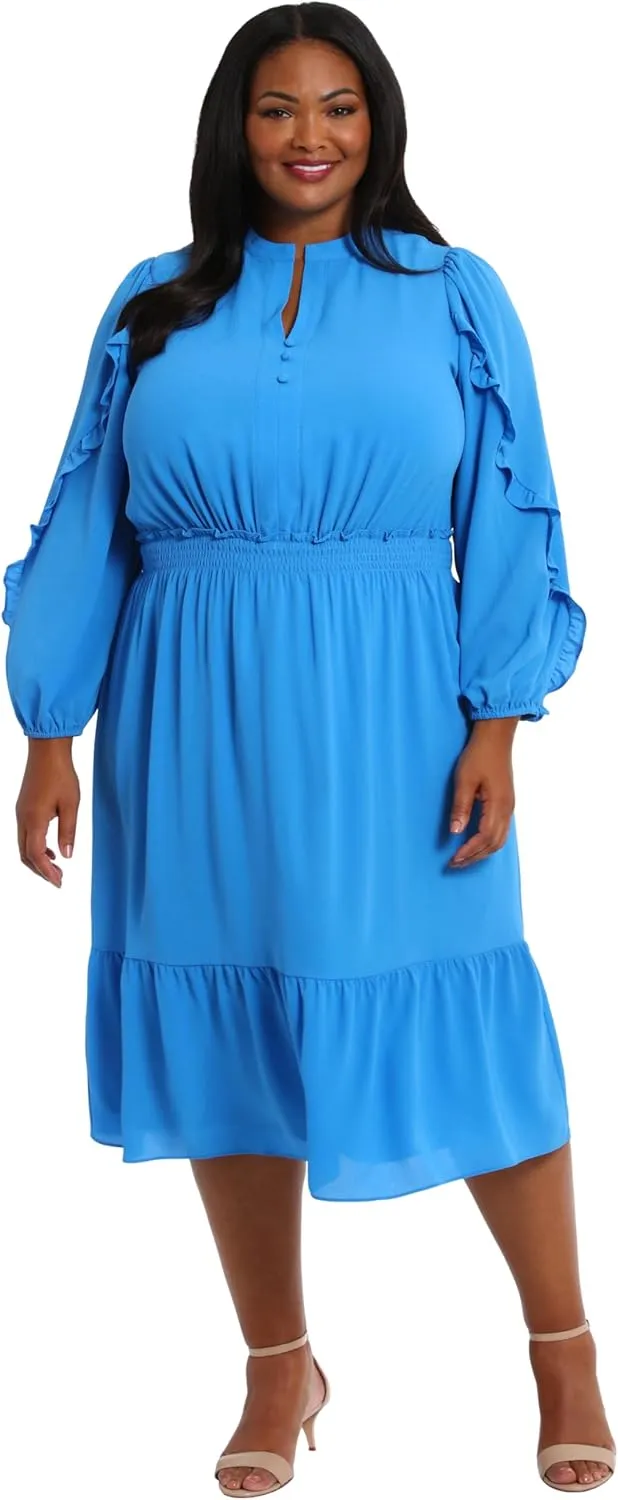 London Times Women's Midi Length Smocked Waist Split Neck Long Ruffle Sleeve Versatile Chic Polished Casual