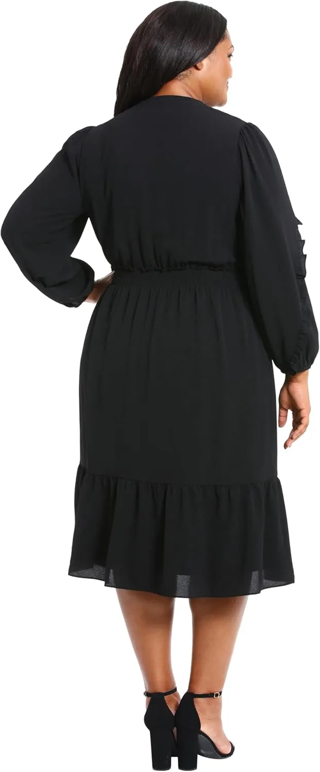 London Times Women's Midi Length Smocked Waist Split Neck Long Ruffle Sleeve Versatile Chic Polished Casual