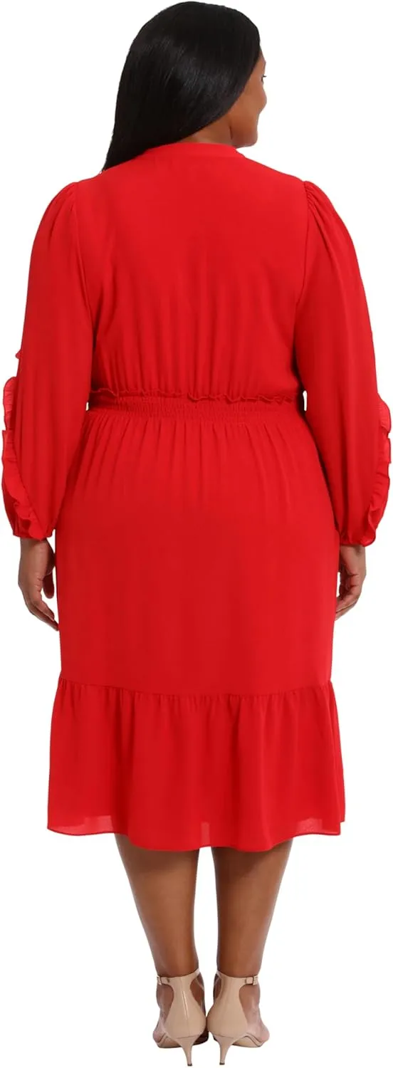 London Times Women's Midi Length Smocked Waist Split Neck Long Ruffle Sleeve Versatile Chic Polished Casual