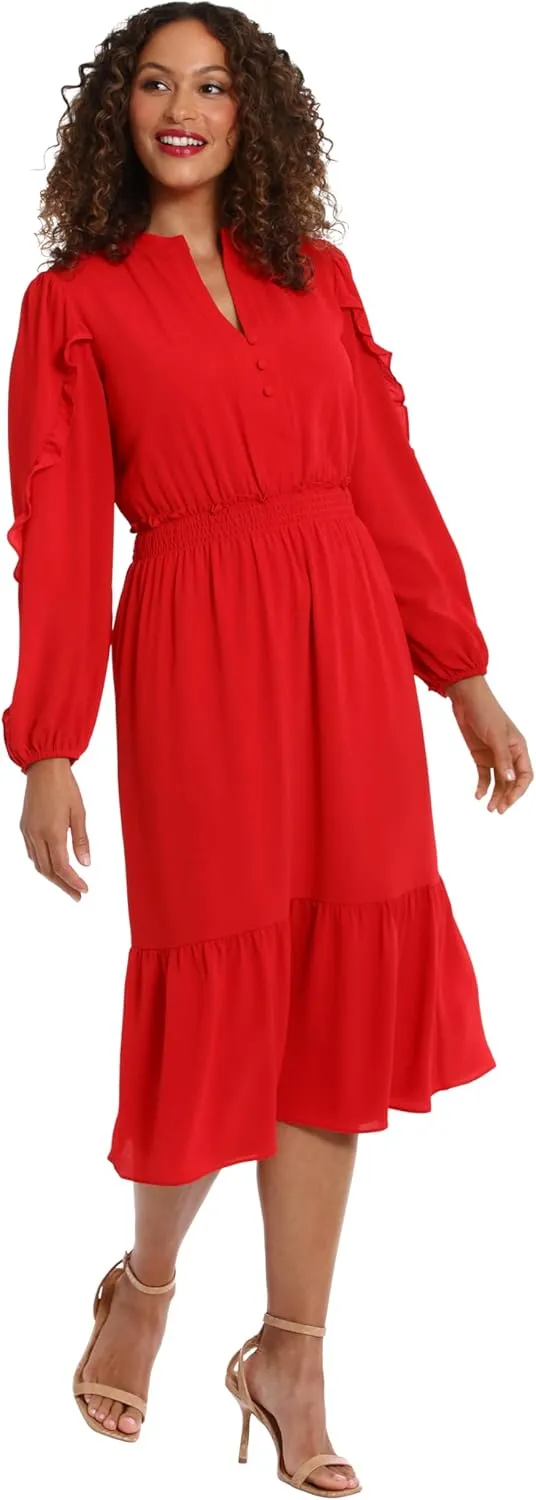 London Times Women's Midi Length Smocked Waist Split Neck Long Ruffle Sleeve Versatile Chic Polished Casual