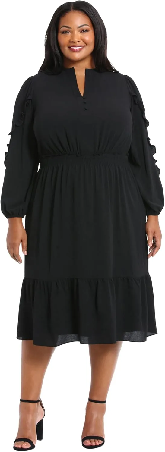 London Times Women's Midi Length Smocked Waist Split Neck Long Ruffle Sleeve Versatile Chic Polished Casual