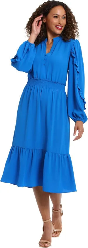London Times Women's Midi Length Smocked Waist Split Neck Long Ruffle Sleeve Versatile Chic Polished Casual
