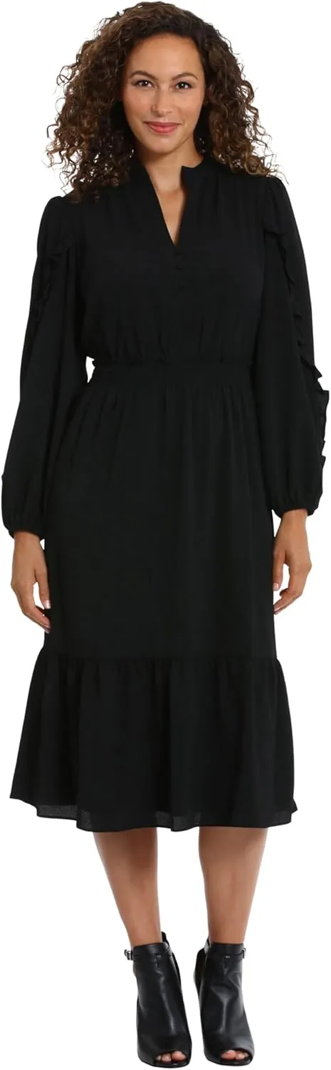 London Times Women's Midi Length Smocked Waist Split Neck Long Ruffle Sleeve Versatile Chic Polished Casual
