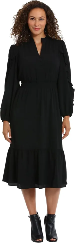 London Times Women's Midi Length Smocked Waist Split Neck Long Ruffle Sleeve Versatile Chic Polished Casual