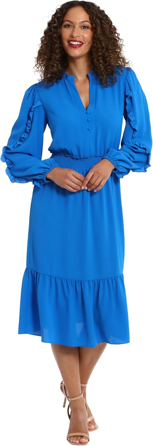 London Times Women's Midi Length Smocked Waist Split Neck Long Ruffle Sleeve Versatile Chic Polished Casual