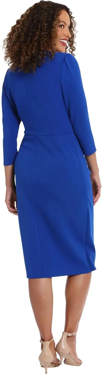 London Times Women's Sweetheart Neck Side Gather Midi Polished Chic Versatile Career Event Dress with Sleeves