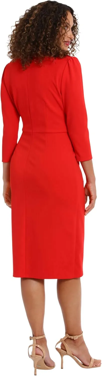 London Times Women's Sweetheart Neck Side Gather Midi Polished Chic Versatile Career Event Dress with Sleeves
