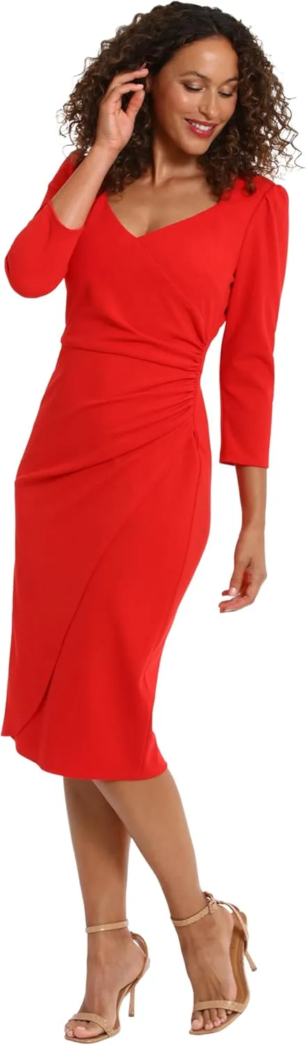 London Times Women's Sweetheart Neck Side Gather Midi Polished Chic Versatile Career Event Dress with Sleeves