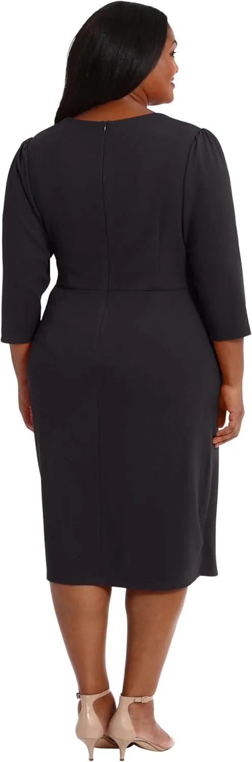 London Times Women's Sweetheart Neck Side Gather Midi Polished Chic Versatile Career Event Dress with Sleeves