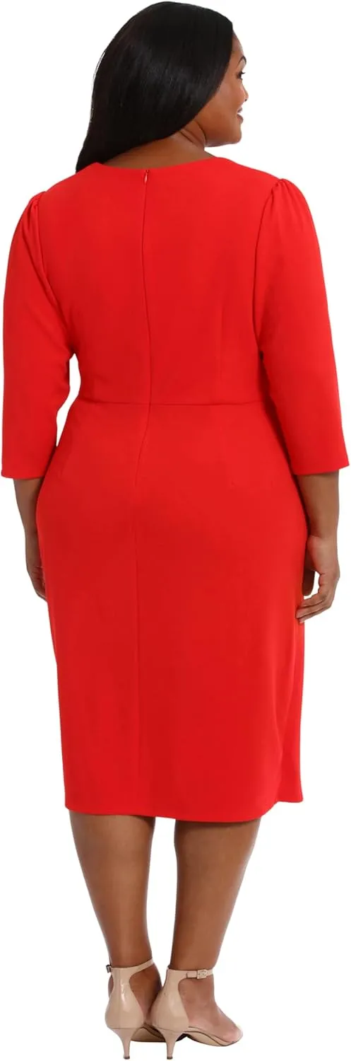 London Times Women's Sweetheart Neck Side Gather Midi Polished Chic Versatile Career Event Dress with Sleeves