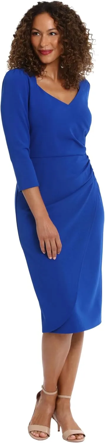 London Times Women's Sweetheart Neck Side Gather Midi Polished Chic Versatile Career Event Dress with Sleeves