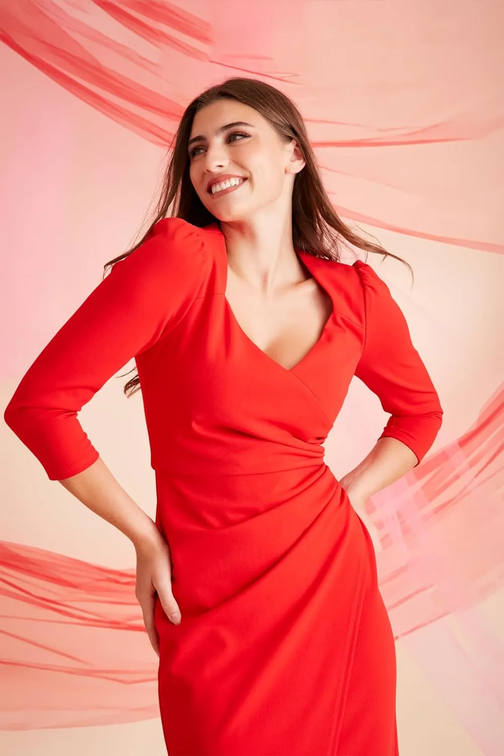 London Times Women's Sweetheart Neck Side Gather Midi Polished Chic Versatile Career Event Dress with Sleeves
