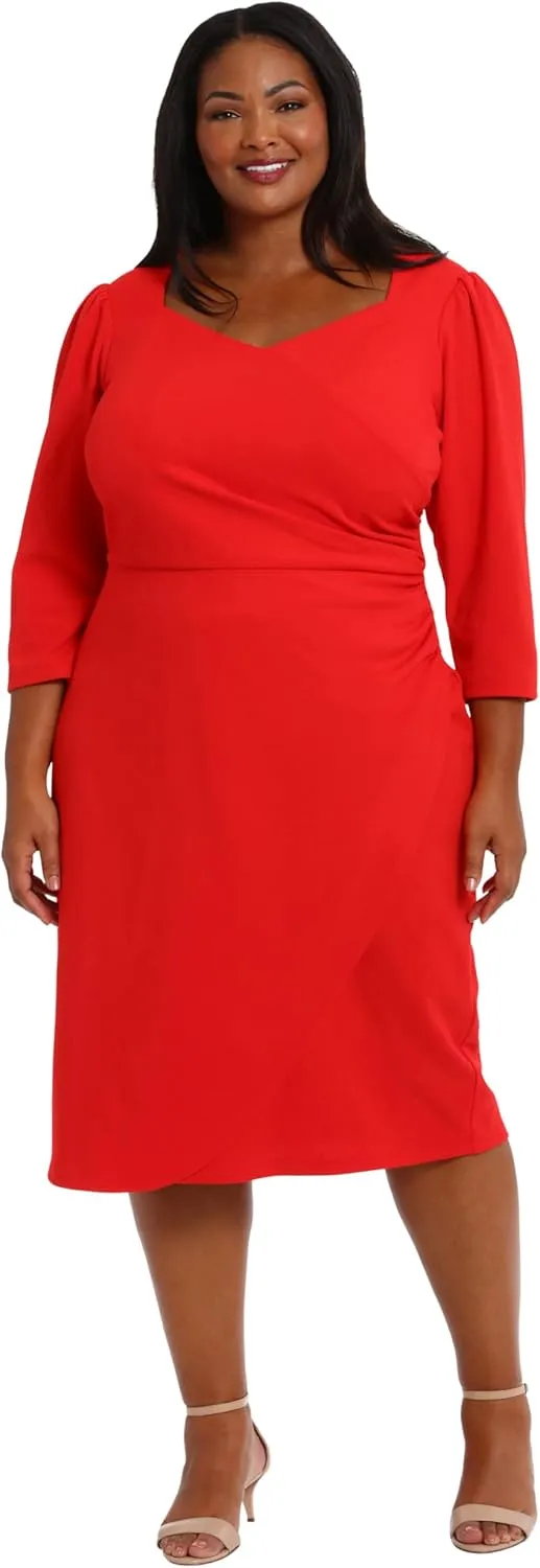 London Times Women's Sweetheart Neck Side Gather Midi Polished Chic Versatile Career Event Dress with Sleeves
