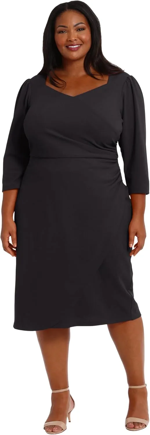 London Times Women's Sweetheart Neck Side Gather Midi Polished Chic Versatile Career Event Dress with Sleeves