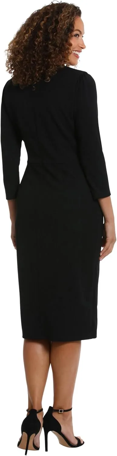 London Times Women's Sweetheart Neck Side Gather Midi Polished Chic Versatile Career Event Dress with Sleeves