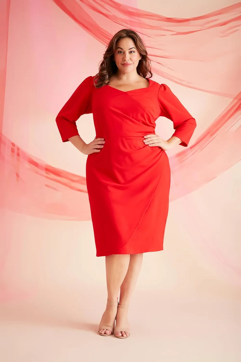 London Times Women's Sweetheart Neck Side Gather Midi Polished Chic Versatile Career Event Dress with Sleeves