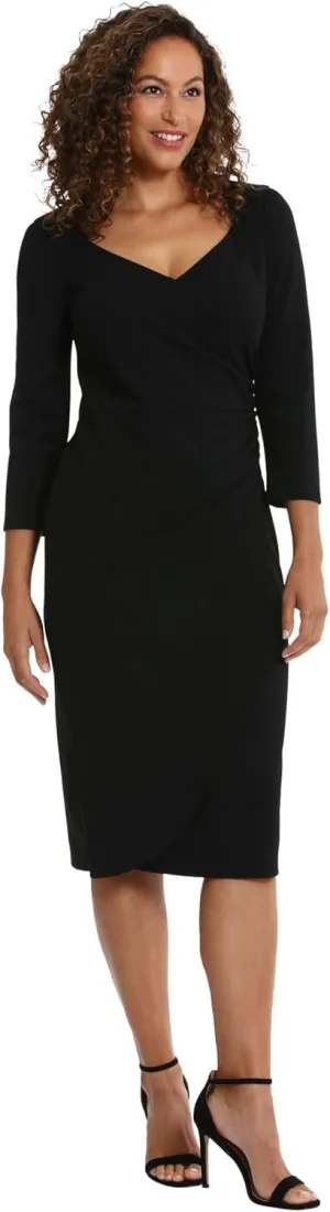 London Times Women's Sweetheart Neck Side Gather Midi Polished Chic Versatile Career Event Dress with Sleeves